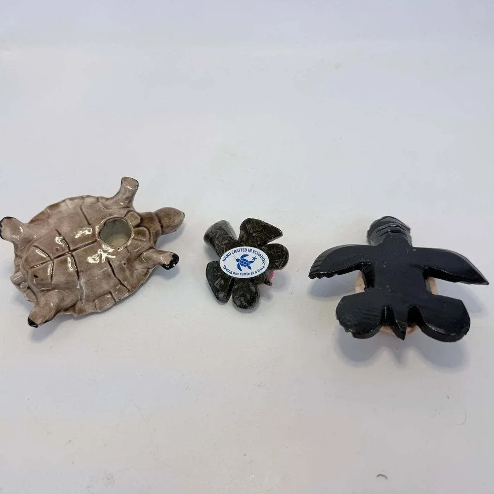 Set of 3 Turtle Figurines Ceramic and Hand Carved Stone Ecuador Rainbow Shell
